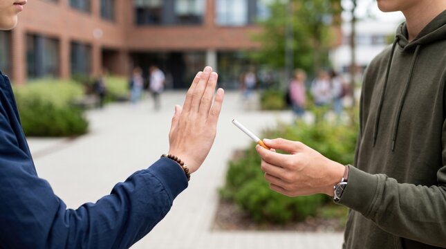 Teenage schoolboy refusing a cigarette with a hand gesture, representing smoking prevention, tobacco use awareness, nicotine addiction prevention, peer pressure and school health education