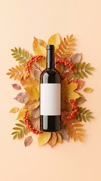 Elegant wine bottle surrounded by autumn leaves and red berries on a warm light background, creating a seasonal advertising vertical banner. Empty label