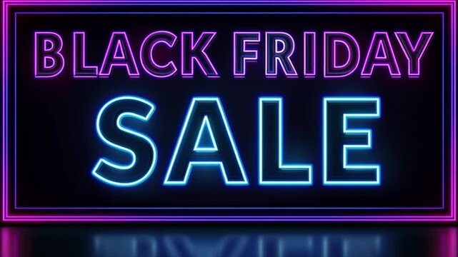 Animated Black Friday neon sign glowing in vibrant purple and blue against a dark black background.