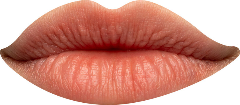Soft peach lips pressed together in relaxed expression on transparent background. Concept of cosmetics, lip balm, skincare and beauty ads.