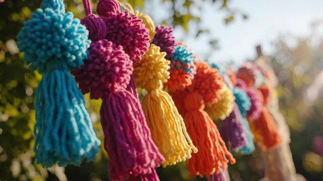 Vibrant string of colorful pom-pom tassels hanging outdoors on a sunny day.