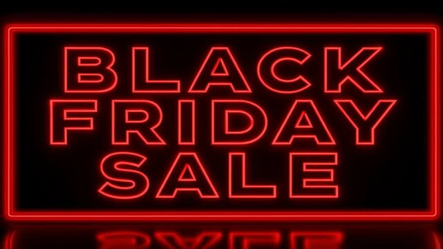 Black Friday neon sign with glowing red sale text and reflection, perfect for shopping promotions, special offers, and discount advertising.
