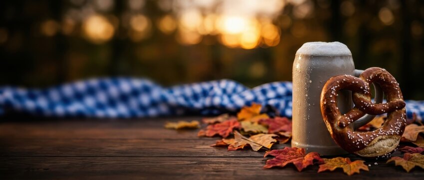 Oktoberfest bavarian beer mug with salted pretzel and autumn leaves on rustic wooden table