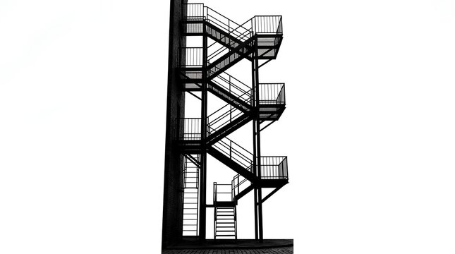 Metal fire escape staircase silhouette against white background.