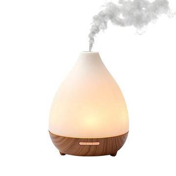 Modern ceramic aroma diffuser with wood base emitting steam isolated on transparent background.