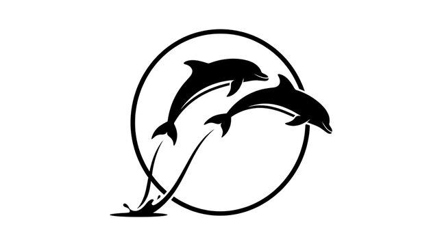 Minimalist black jumping dolphin circular logo.