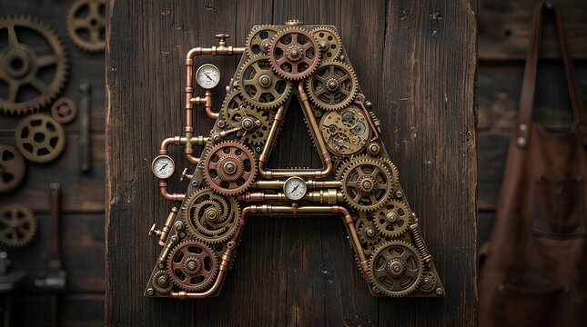 Ornate steampunk letter A with brass gears and pipes.