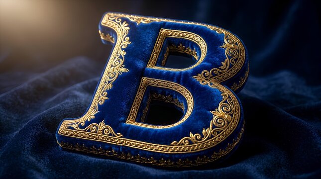 Ornate blue velvet letter B with gold embroidery on fabric