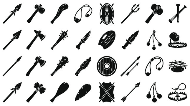 Comprehensive collection of prehistoric weapon icons featuring stone axes, spears, clubs, slings, tribal shields, and bone knives. Black silhouette set of ancient hunting and survival tools.