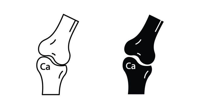 Human knee joint illustration depicts skeletal structure with calcium symbol black and white