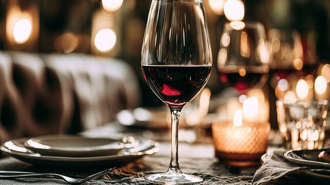 Elegant glass of dark red wine gently illuminated by candlelight, creating a warm atmosphere perfect for a luxurious dinner celebration concept