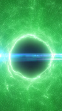 Glowing green portal surrounded by a connected digital mesh, with a dark spherical center and horizontal blue light streaks.