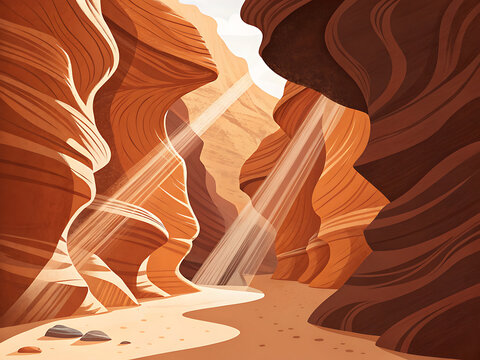 flowing sandstone canyon walls with dramatic curved formations and light beams, modern minimal vector illustration, organic geometric shapes, orange, terracotta, cream and warm brown palette, elegant 