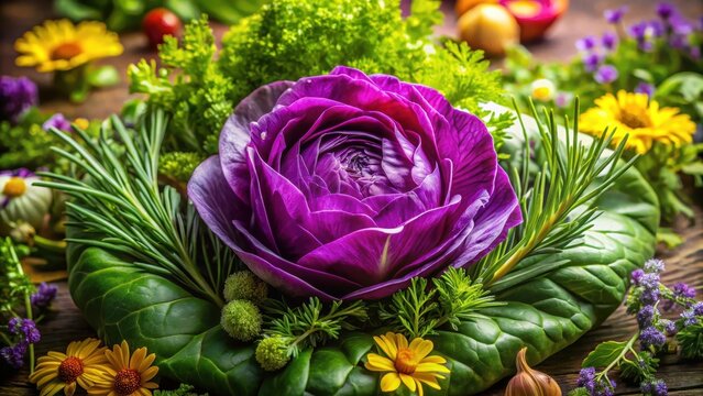 This vibrant purple cabbage takes center stage in a lush green salad, surrounded by fresh herbs and edible flowers