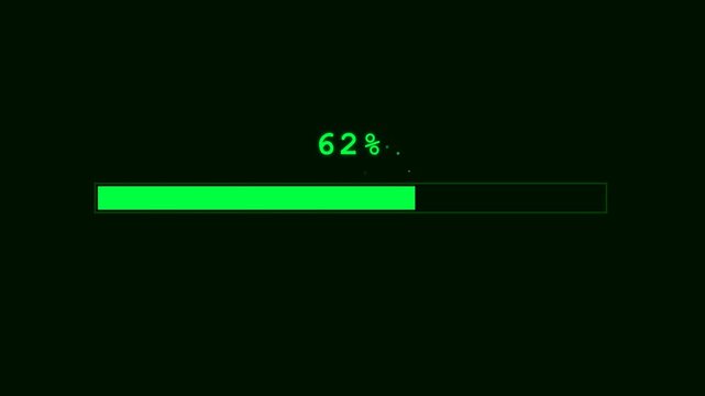 Digital green loading progress bar indicator showing sixty two percent completion status on a black background