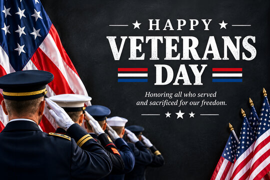 Group of military soldiers saluting under american flags on veterans day