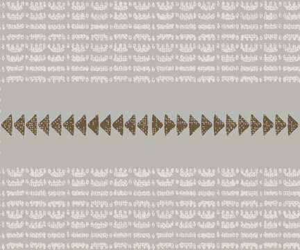 Grey tribal rows with tiny hand-drawn marks and a central band of earthy arrowhead triangles create a subtle ethnic folk run timeless textile motif.