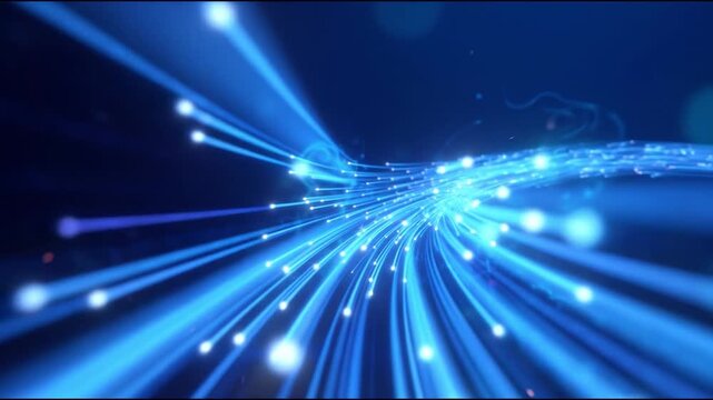 A bright blue abstract visualization of light streaks representing data flow through a futuristic network system, conveying speed and connectivity.