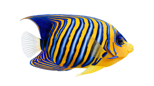 Blue and yellow striped angelfish with vibrant patterns