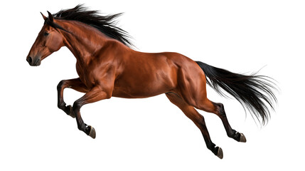 Galloping brown horse with flowing black mane and tail in dynamic motion © darietta