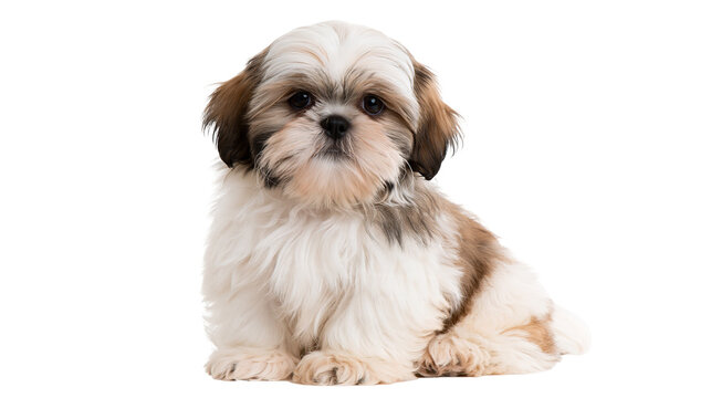 Fluffy white and brown Shih Tzu puppy sitting and looking at camera