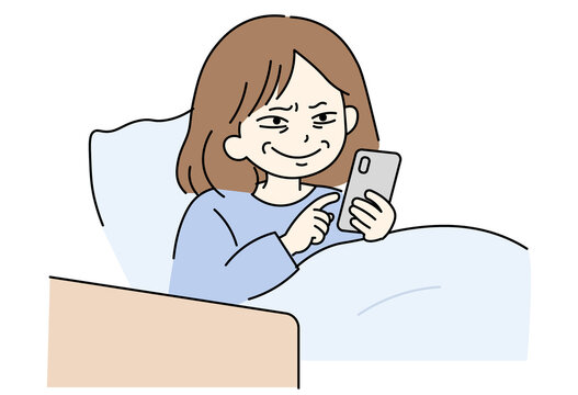 Japanese woman smiling slyly in bed while plotting to call in sick or fake an illness using her smartphone.