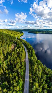 An aerial view shows a winding road beside a calm lake surrounded by lush green forest under a blue sky with scattered clouds.
