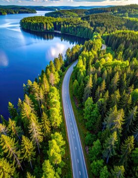 An aerial view of a winding road through a dense green forest alongside a tranquil blue lake.