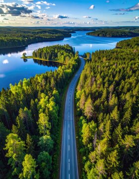 Aerial view of a winding road through a lush green forest bordering a serene blue lake under a partly cloudy sky.