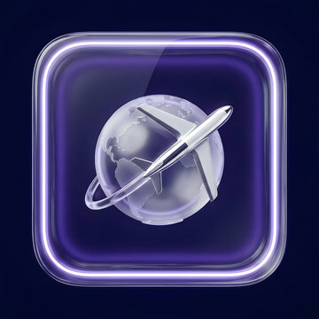 3D glossy purple app icon featuring a globe and airplane representing global travel and logistics