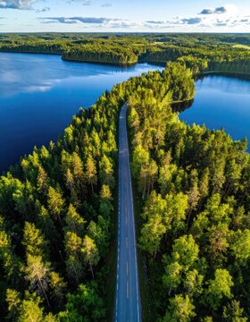 A winding road cuts through a dense, sun-dappled forest beside a tranquil lake.