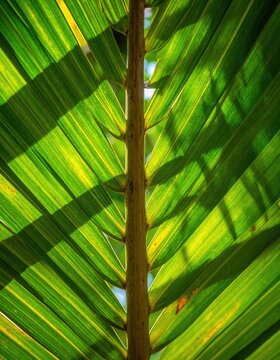 Close-up view of a vibrant green palm leaf with sunlight filtering through.