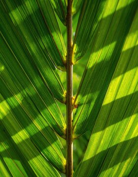 Close-up view of a vibrant green palm frond with sunlight casting shadows.