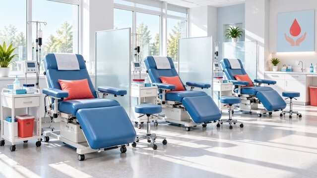 Modern medical treatment room featuring three blue reclining chairs with orange cushions, medical equipment, and large windows providing natural light in a clean environment