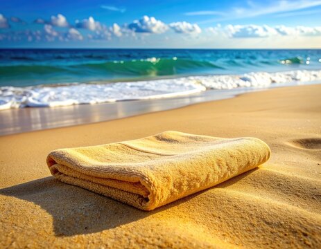 A yellow towel rests on a sandy beach with the ocean waves in the background.