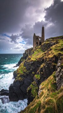 Dramatic coastal ruins stand against a stormy sky.