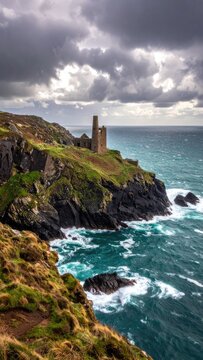 An old engine house ruin stands on a rugged cliff overlooking the sea.