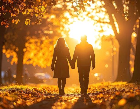 Couple walking hand-in-hand through a sun-drenched autumn park.