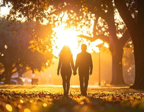Couple walking hand-in-hand through a sun-dappled park during golden hour.