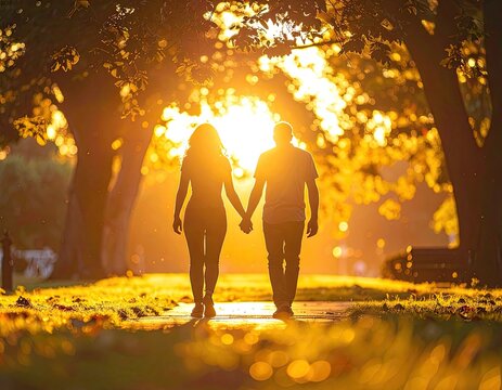 Couple holding hands walking in a sun-drenched park at sunset.