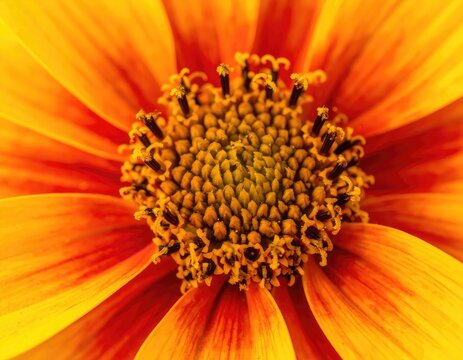 A macro photograph captures the vibrant center and petals of an orange and yellow flower.