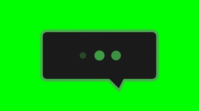 Illustration of a dark gray chat bubble with three pulsating dots, symbolizing an ongoing conversation or message being sent, set against a vibrant green screen background