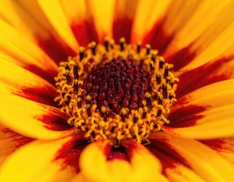 A vibrant close-up of a daisy-like flower with yellow and red petals.