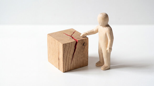Wooden figure touching cracked wooden cube with red interior symbolizing broken trust or structural failure concept