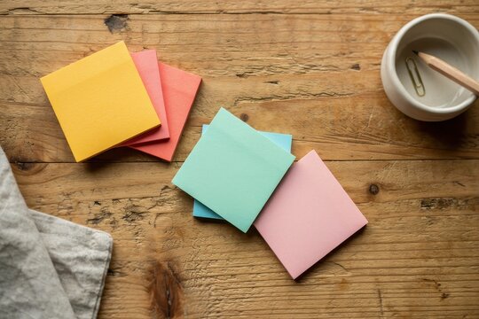 Multiple vibrant sticky notes arranged on a rustic wooden surface with a cup containing a pencil. Ideal for office planning and business organization themes.