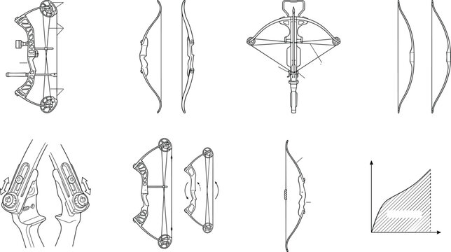 Detailed technical vector illustration comparing compound bow, recurve bow, and crossbow mechanisms with diagrams