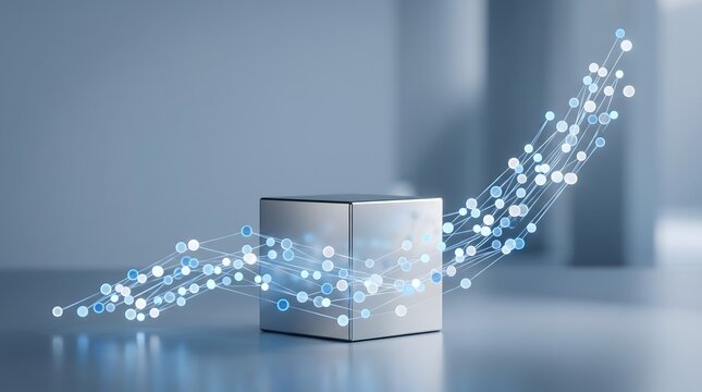 Metal cube with rising digital data wave