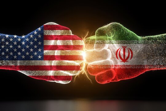 Two fists with United States and Iran flags colliding with energy sparks against a dark background. Symbolizing political conflict or global tension.