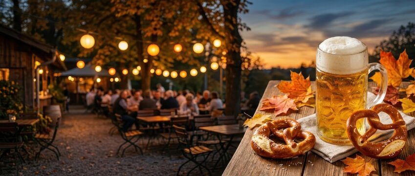 Festive autumn beer garden celebration with fresh pretzel and golden mug