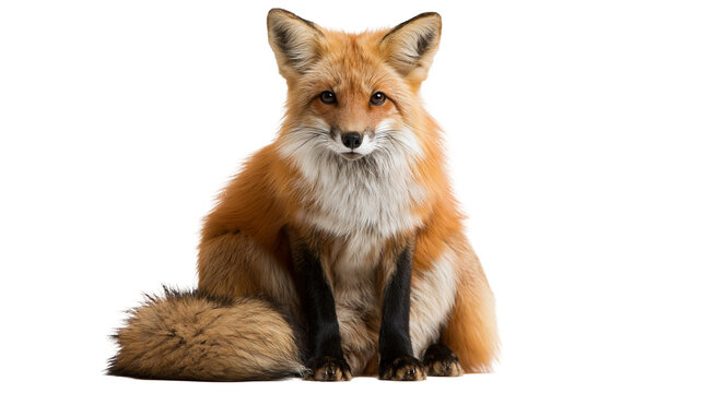 Fluffy red fox sitting with thick orange fur and black legs looking forward